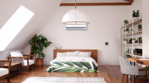 A small attic bedroom. Cielo Breez Plus is paired with mini-split to maintain ideal temperature.